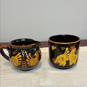 Staehli Gwatt Swiss Folk Artist Pottery Mug Bowl Creamer Gravy Boat Farmhouse